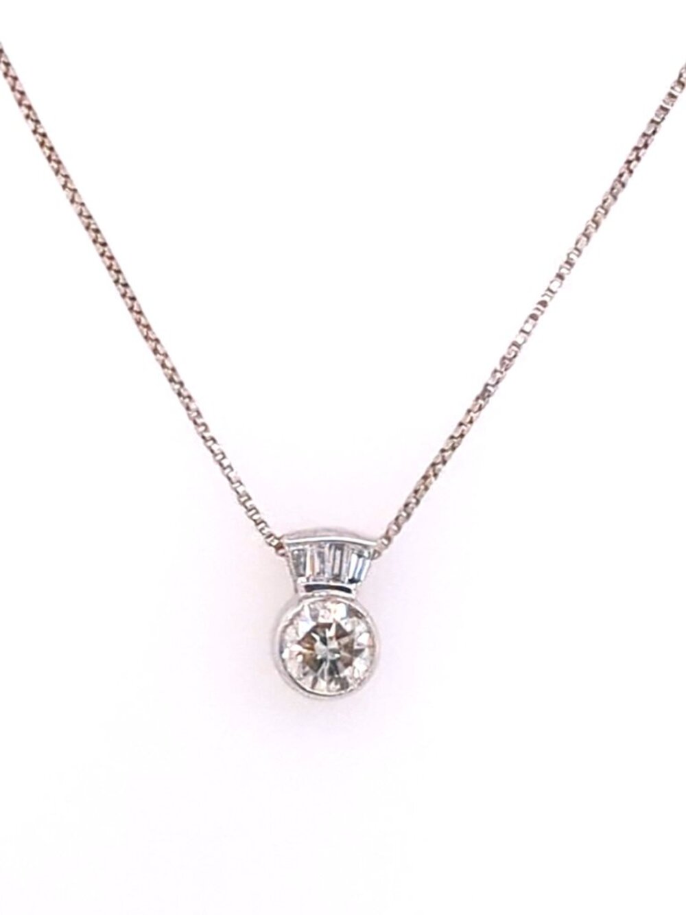 14K White Gold 0.92 CTW Bezel-Set Round & Baguette Diamond Pendant Necklace